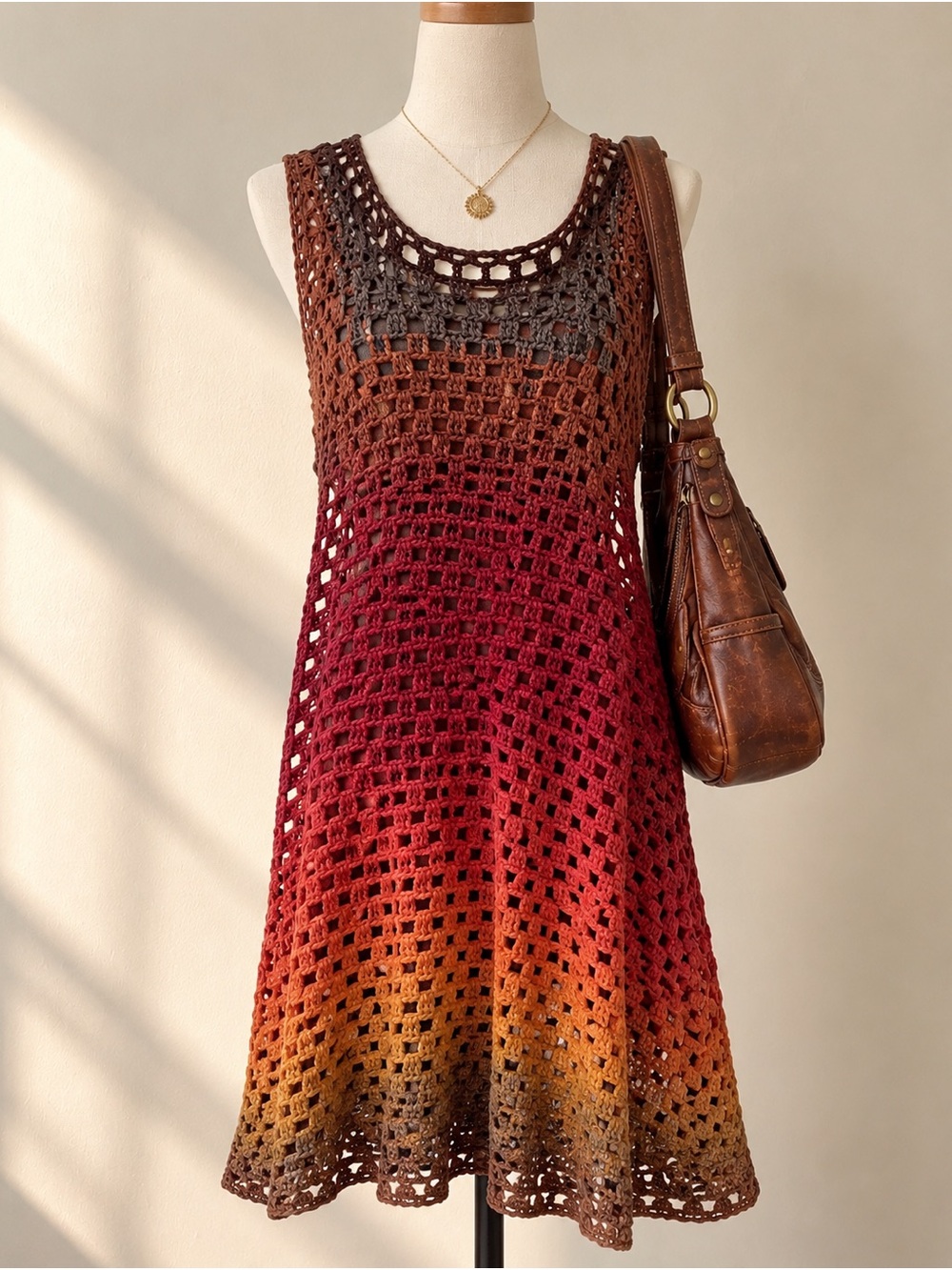 Crochet Gradient handmade Dress in Brown Red Orange - Women